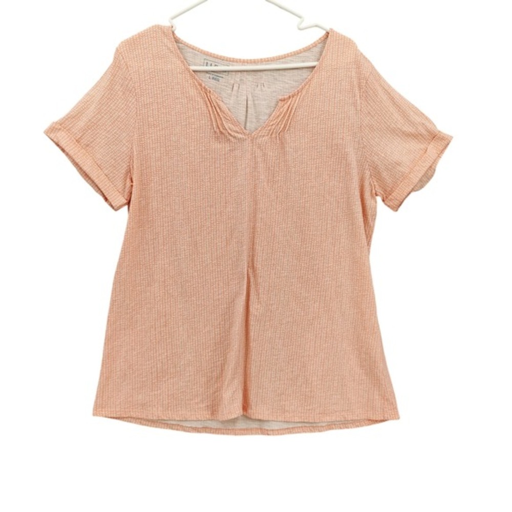 LL Bean Womens Coastal Ethical Organic Cotton Pink Leaf Short Sleeve Shirt Top L